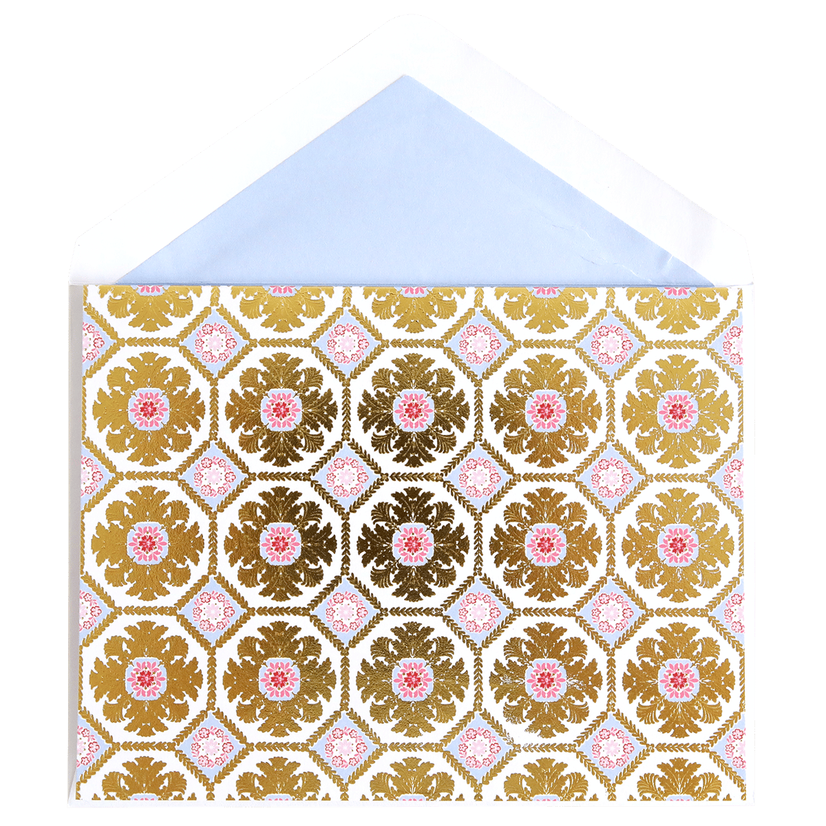 a white envelope with a gold and pink pattern.