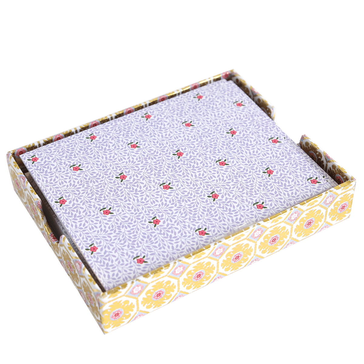a yellow and white box with flowers on it.