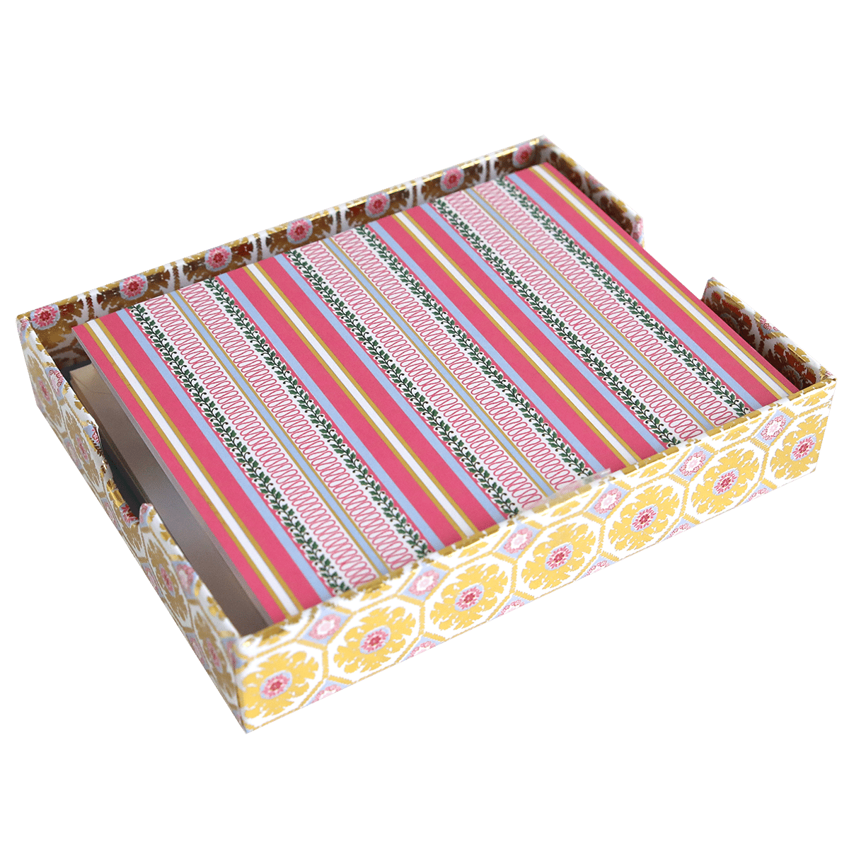 a pink and yellow striped box with a lid.