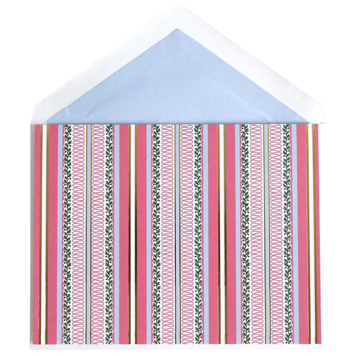 a pink and green striped envelope with a white envelope.