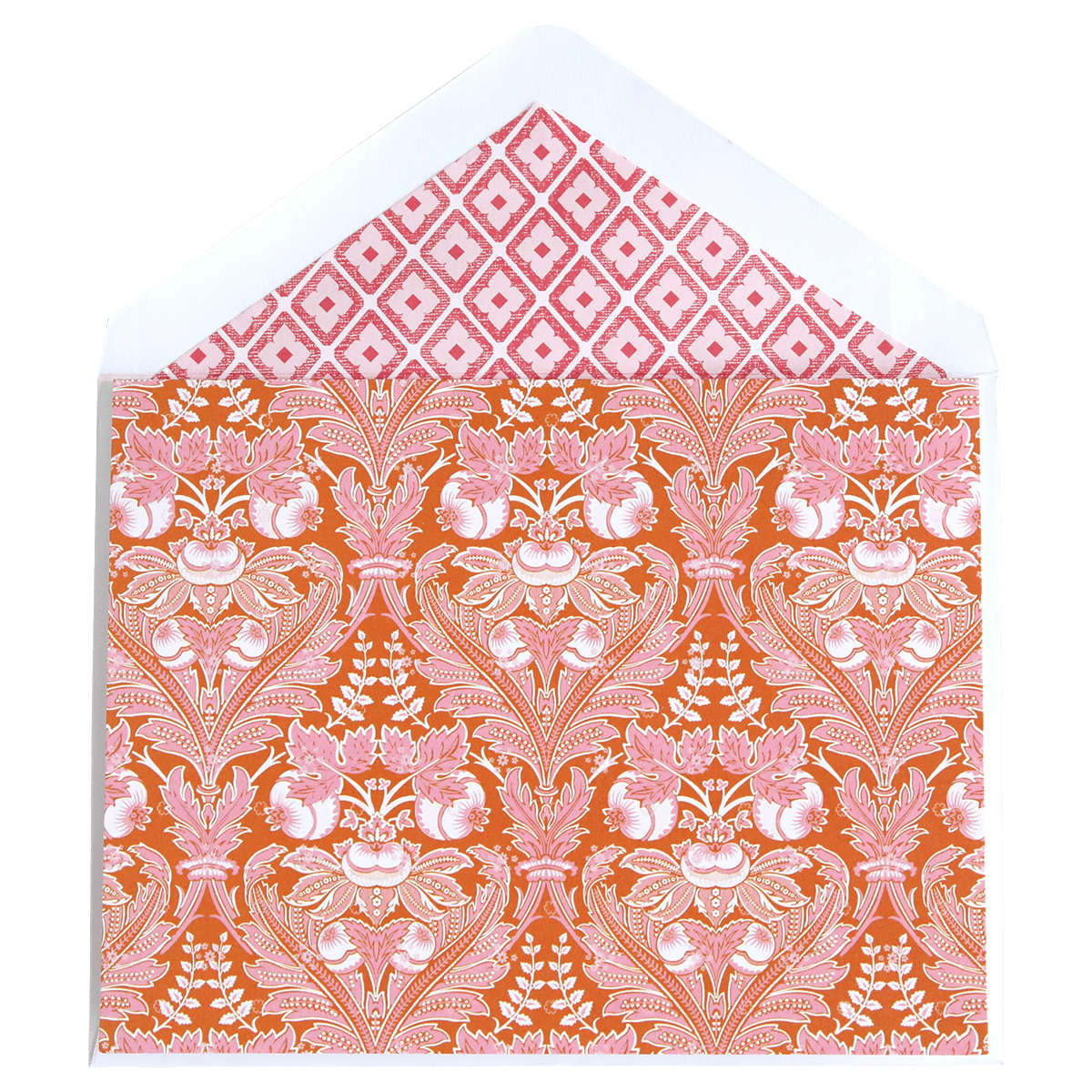 an orange and white envelope with a red and white pattern.