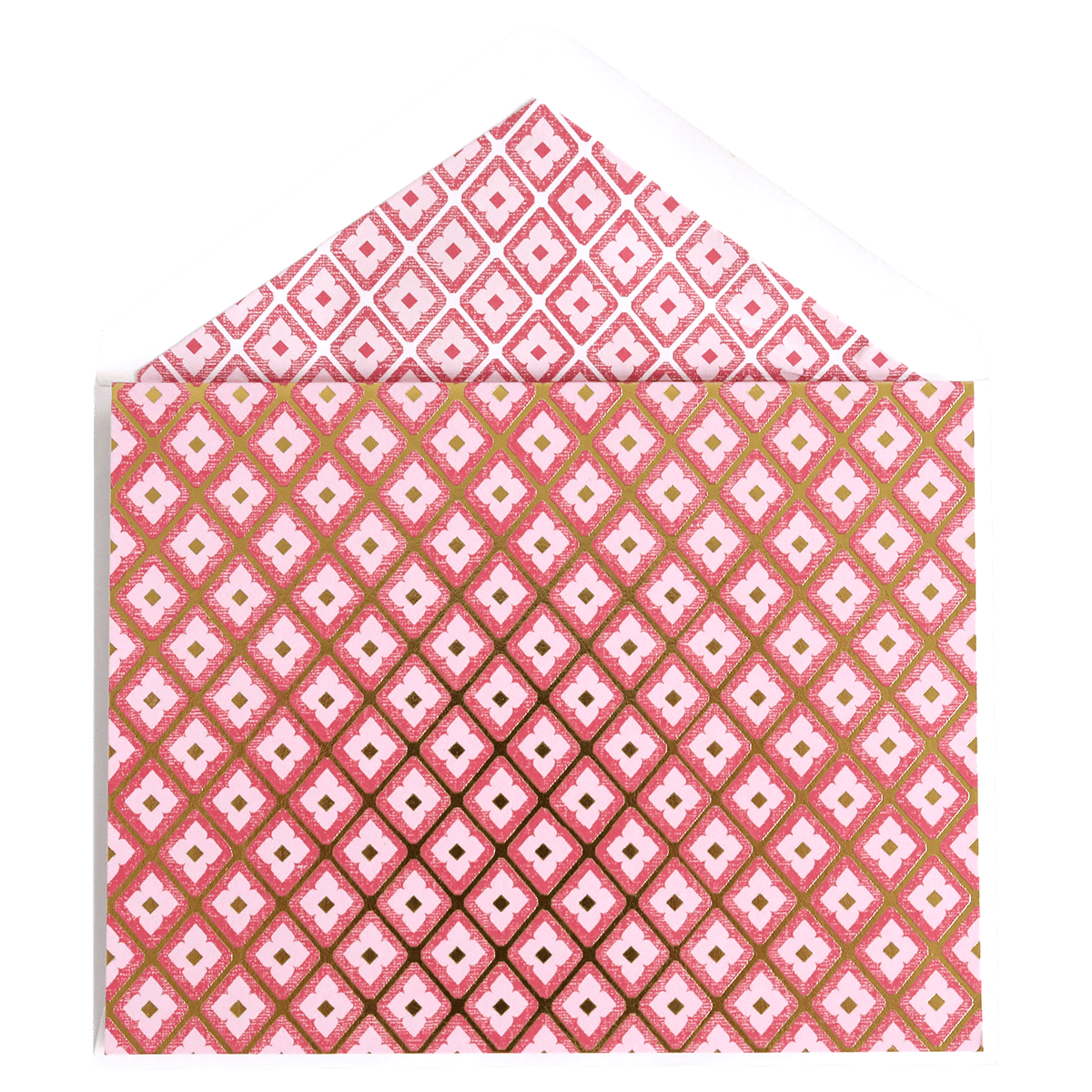 a pink and white envelope with a diamond pattern.