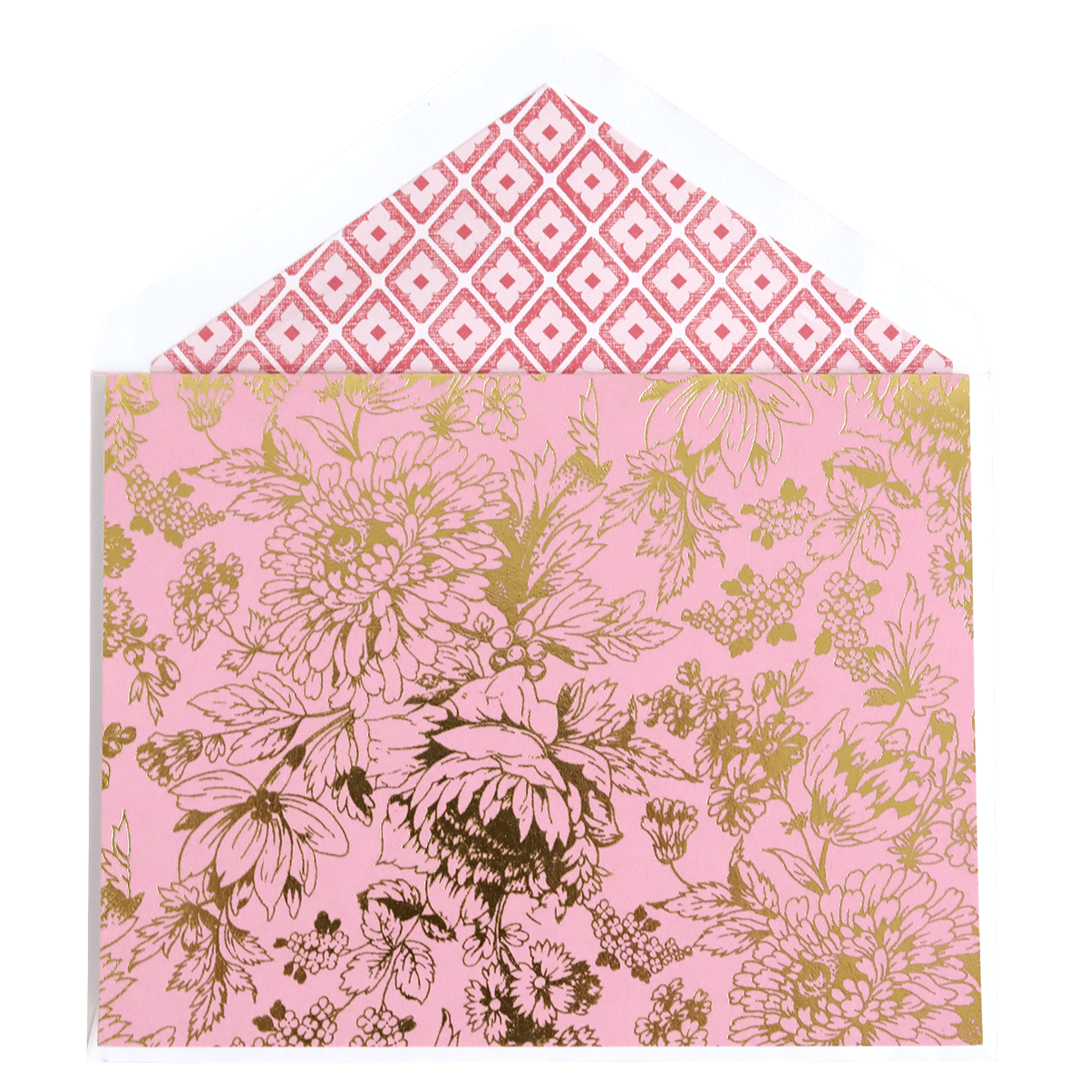 a pink and gold envelope with a floral pattern.