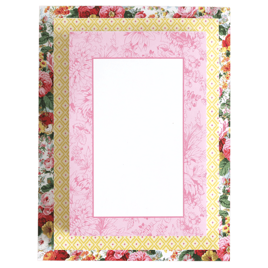 a pink and yellow frame with flowers on it.