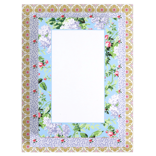 a picture frame with flowers on a blue background.