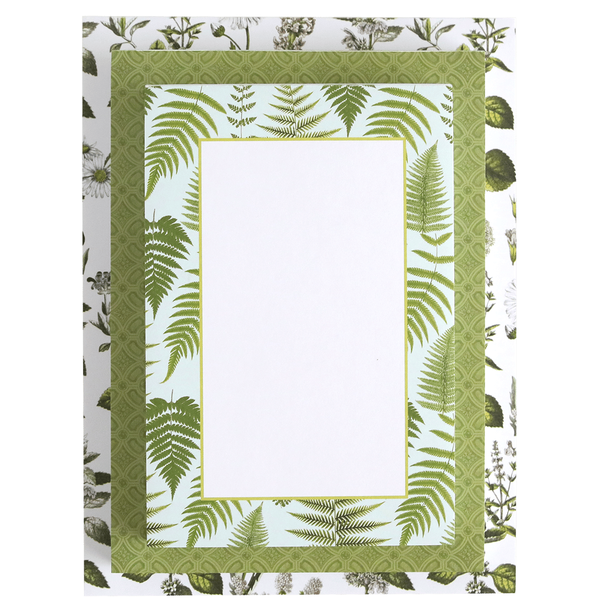 a green and white picture frame with leaves on it.