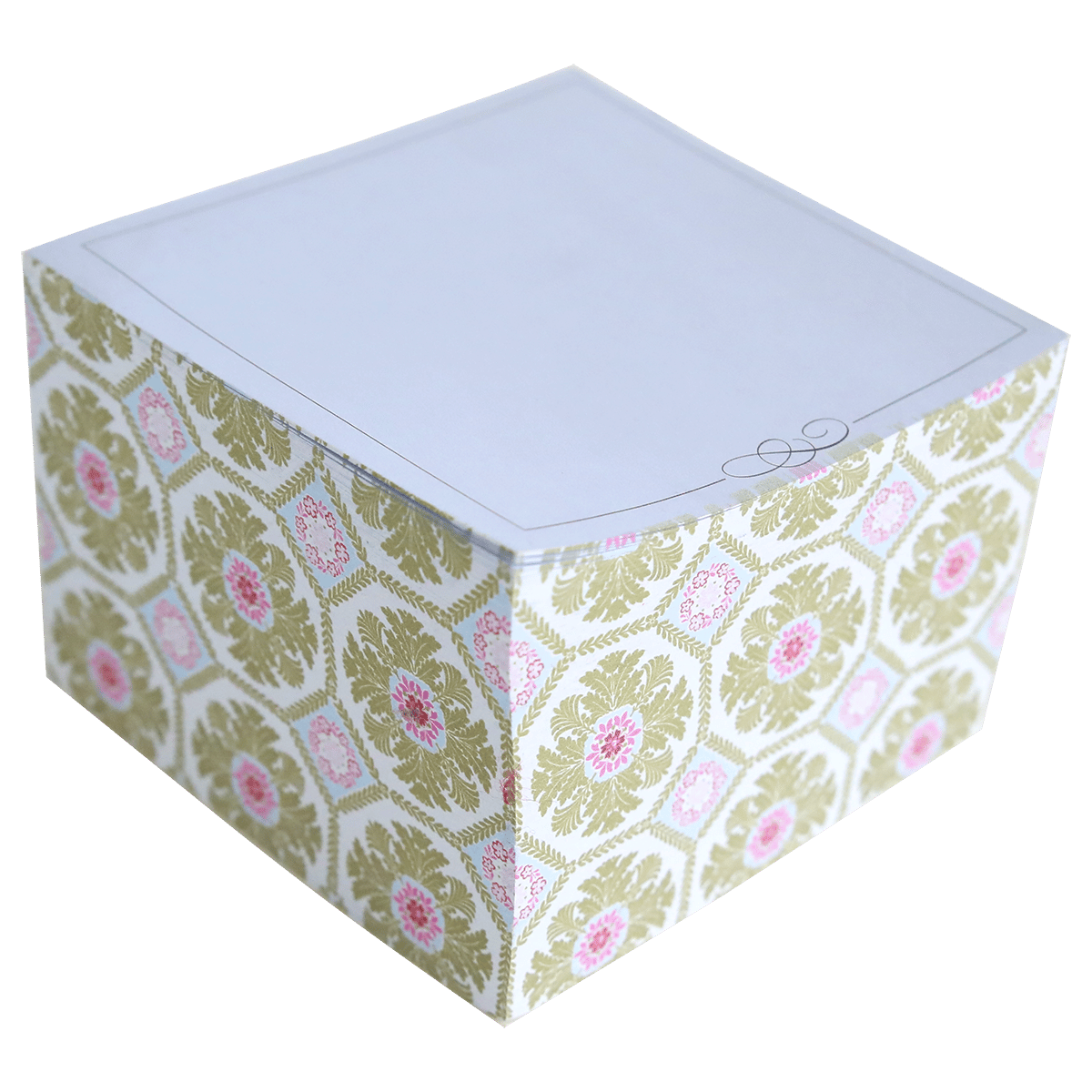 a white box with a pink and green pattern on it.