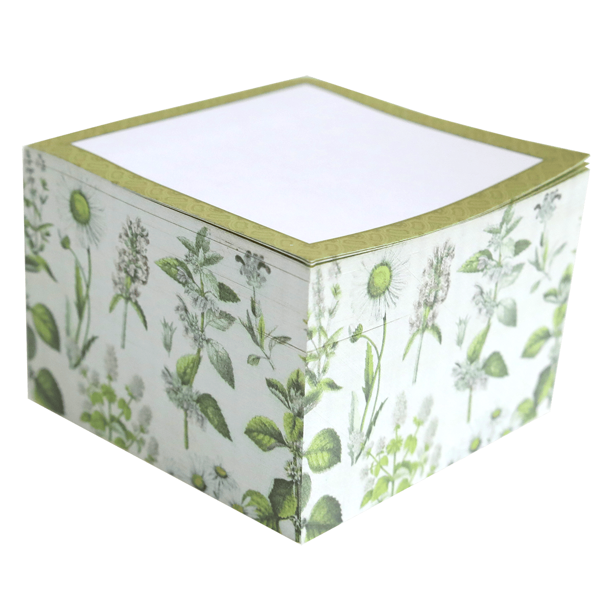 a white and green box with flowers on it.