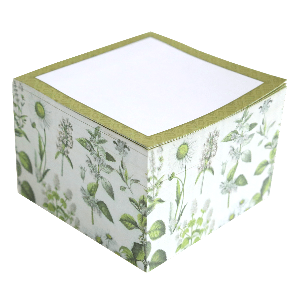 a white box with a green floral design on it.