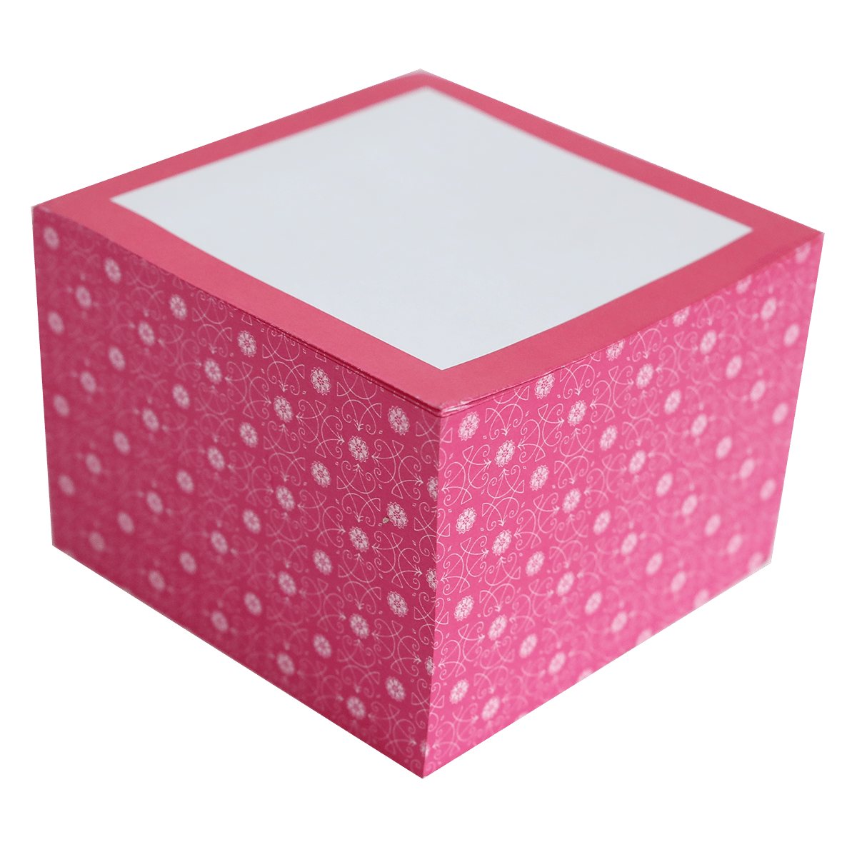 a pink box with white dots on it.