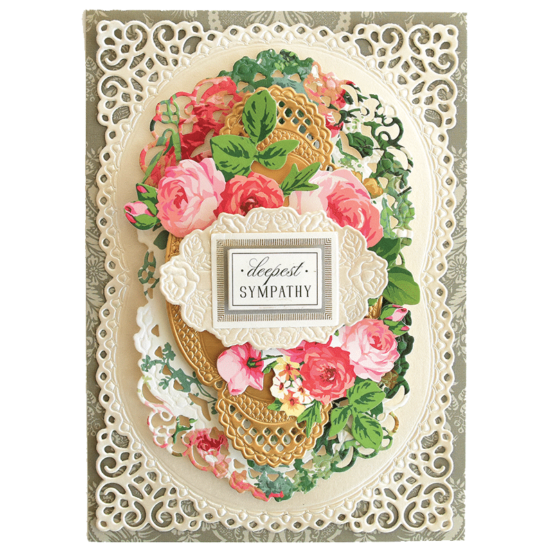 a card with a floral wreath on it.