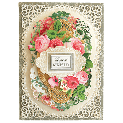 a card with a floral wreath on it.