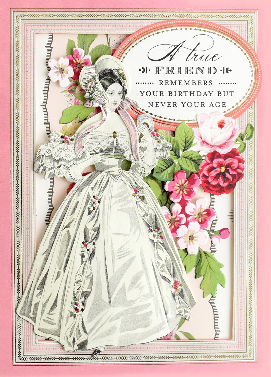 a card with a picture of a woman in a dress.