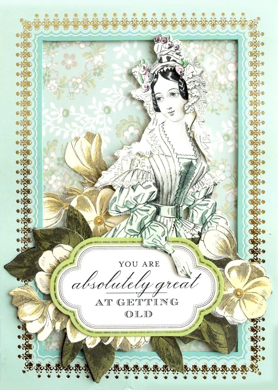 a card with a picture of a woman in a dress.