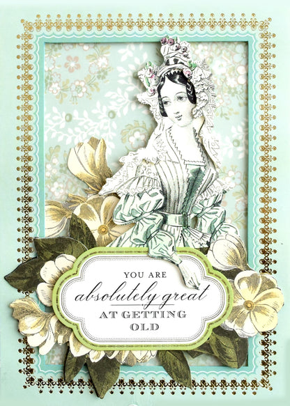 a card with a picture of a woman in a dress.