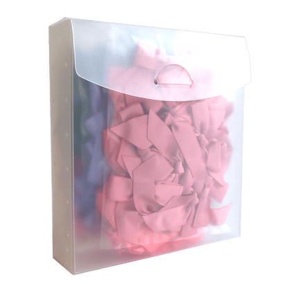a bag of pink bows on a white background.