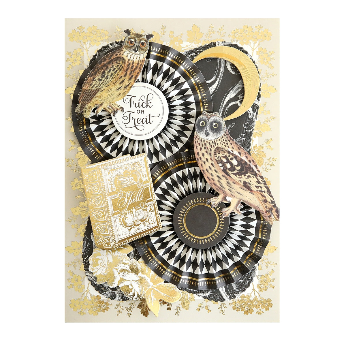 A black and gold Perfectly Scary Rosettes card with owls on it.