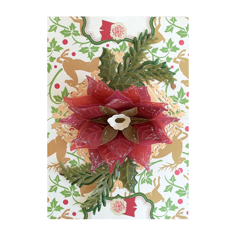 a christmas card with a poinsettia on it.