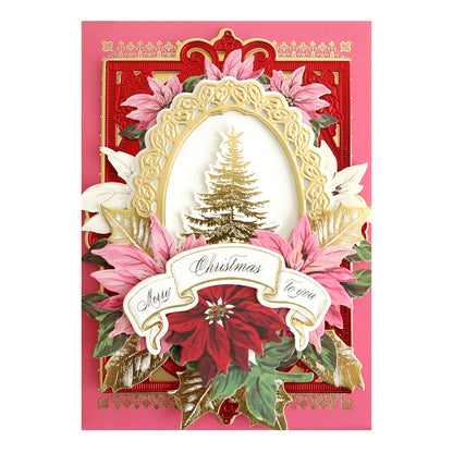 a christmas card with poinsettis and a christmas tree.