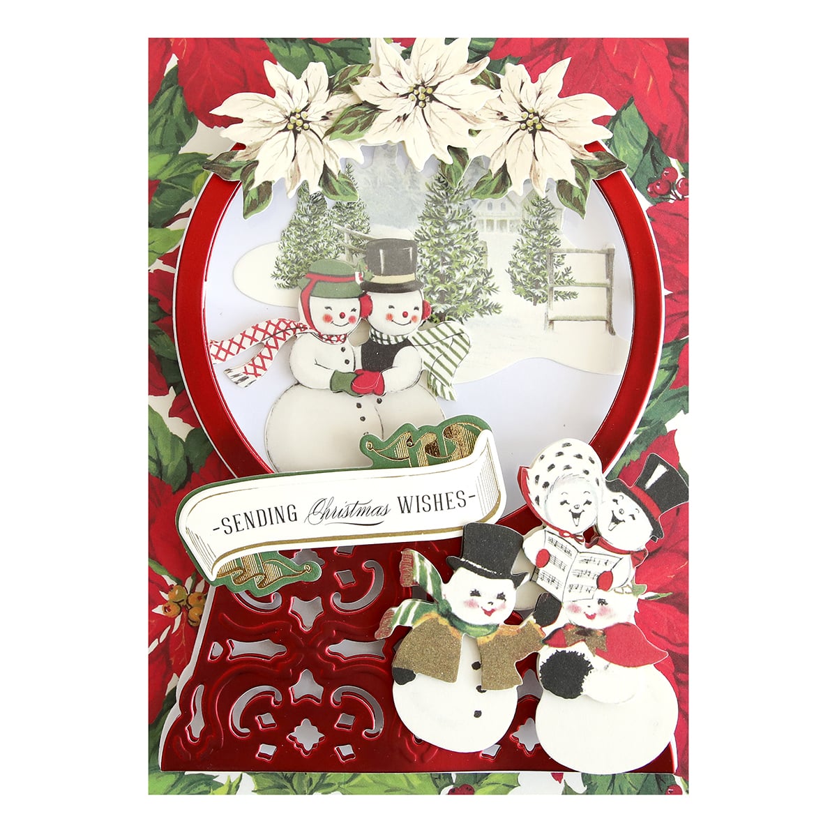 a christmas card with snowmen and poinsettis.