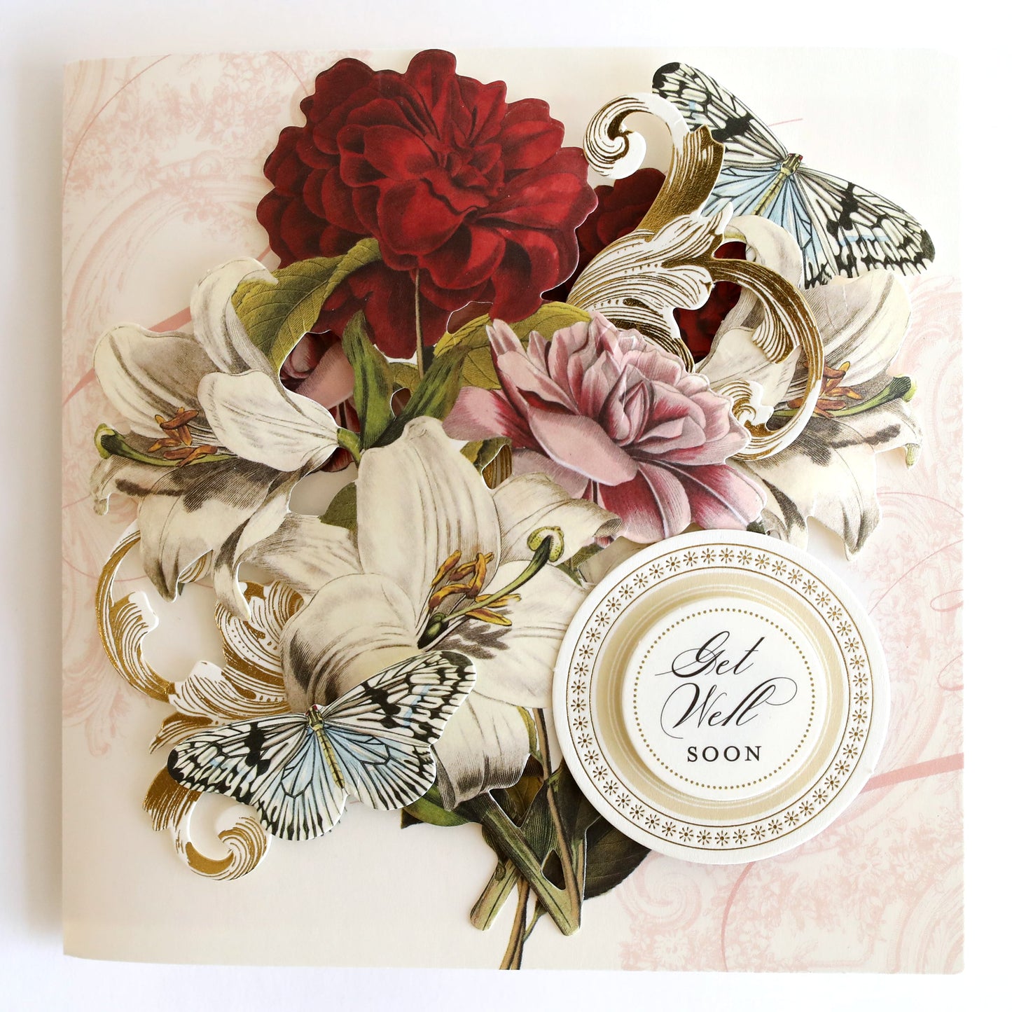 a close up of a greeting card with flowers.