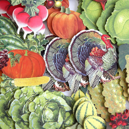 A collection of Retro Thanksgiving Stickers of vegetables and turkeys.