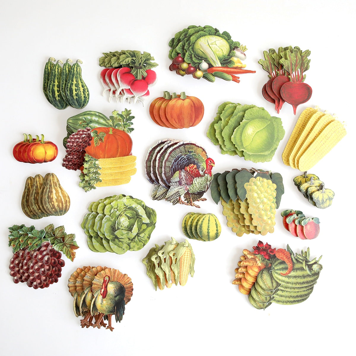 A collection of Retro Thanksgiving Stickers of vegetables and fruits.