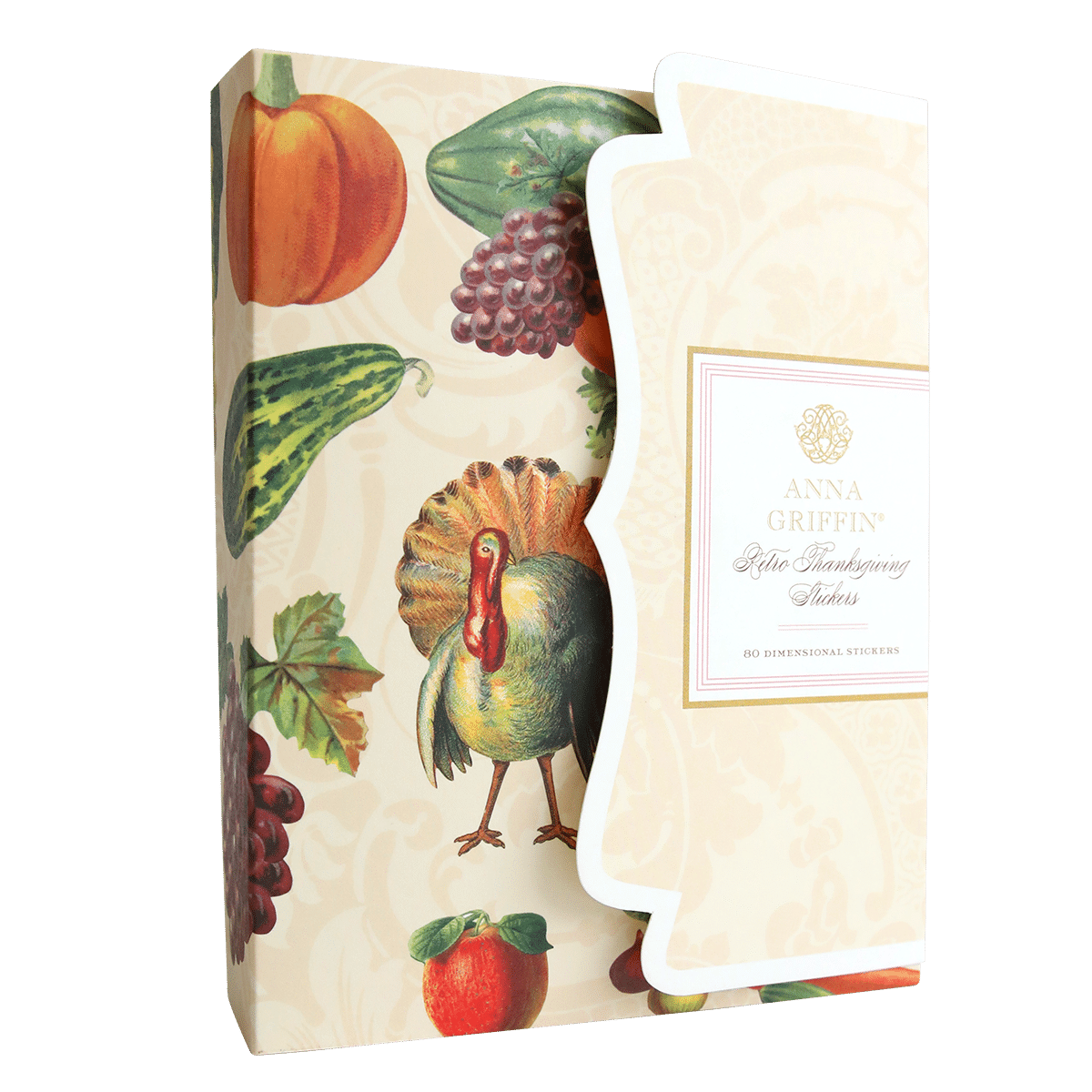 A box with a Retro Thanksgiving Stickers and vegetables on it.
