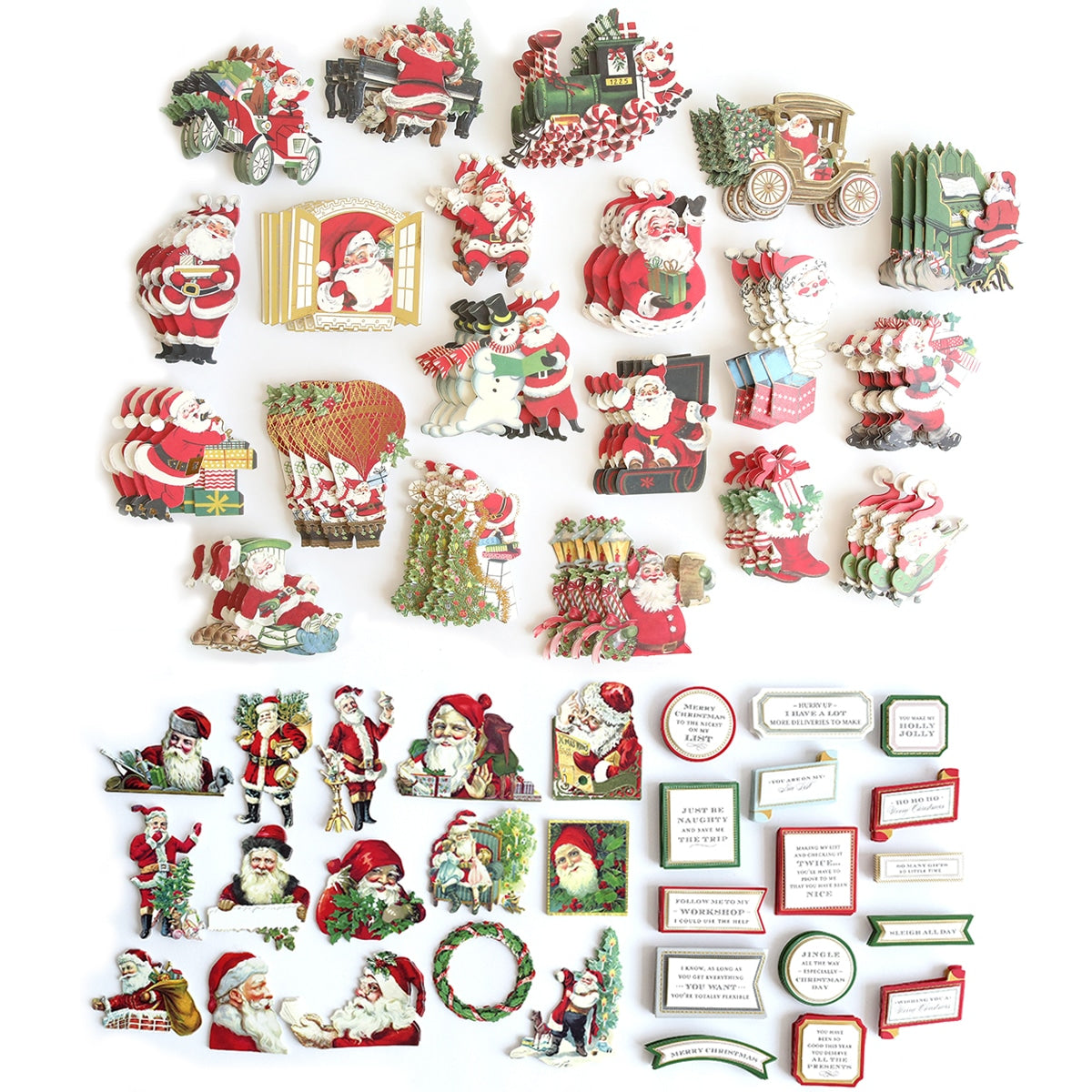A collection of Retro Santa Sticker Bundle decorations.
