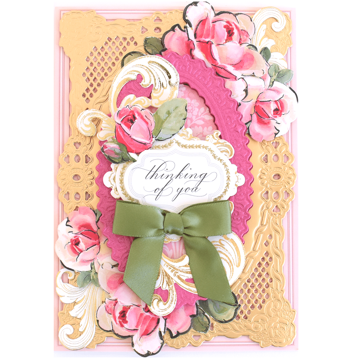 a card with flowers and a ribbon on it.