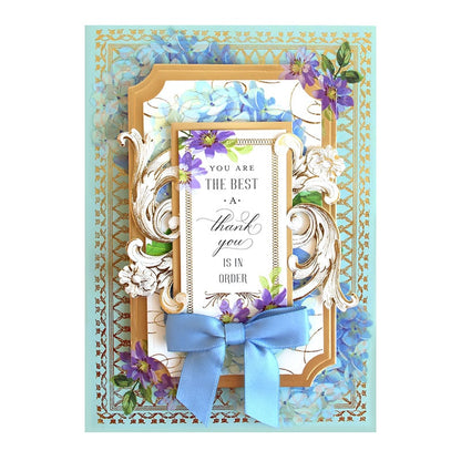 a card with a blue ribbon and a blue bow.