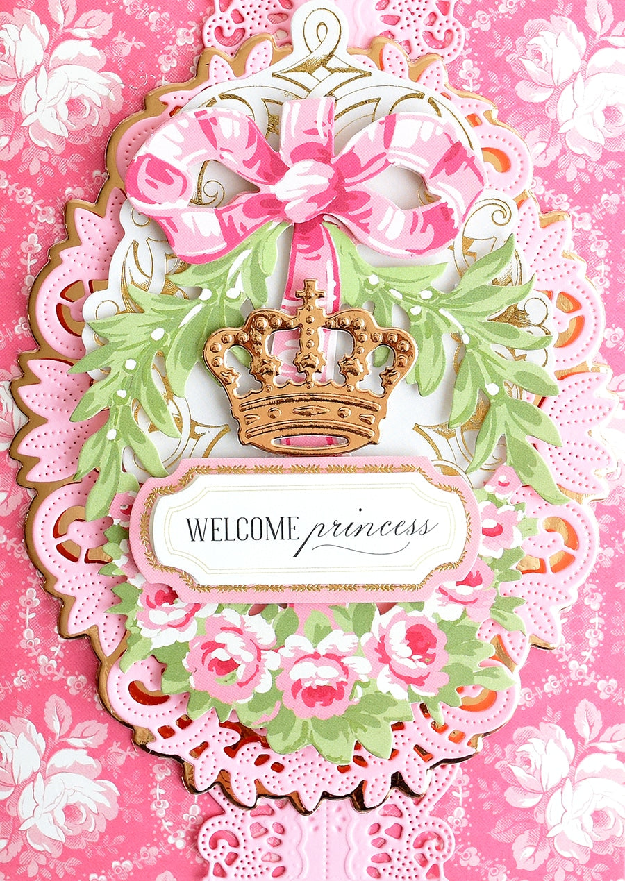a welcome princess card with a crown on it.