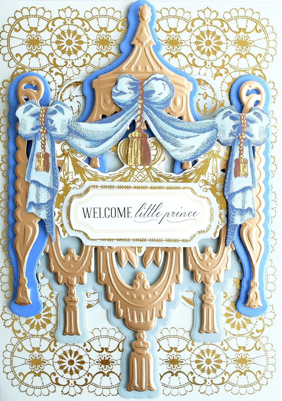 a welcome welcome card with a blue and gold design.