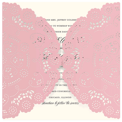 a wedding card with a pink lace design.