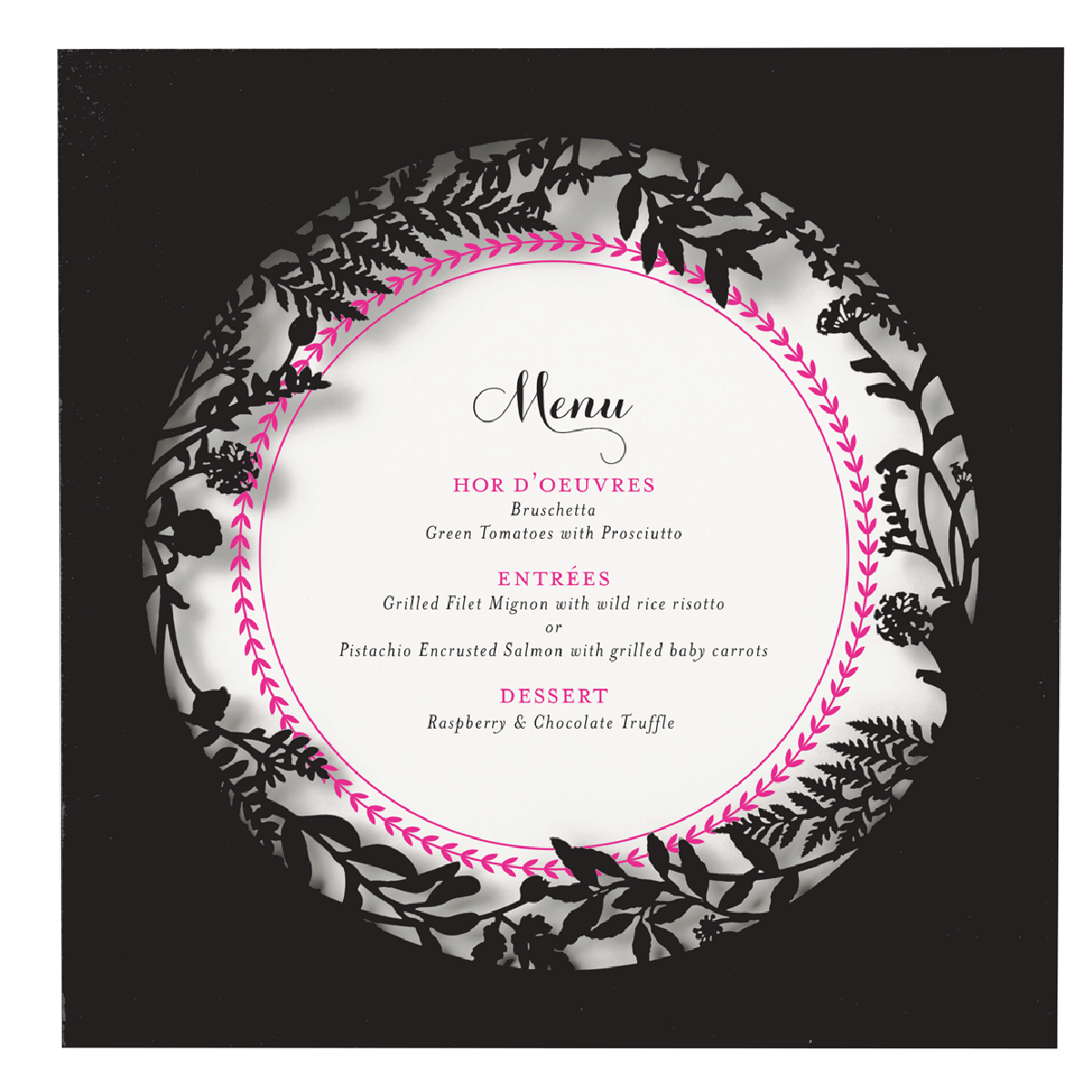a black and white menu with pink trim.
