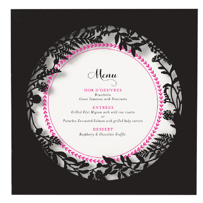 a black and white menu with pink trim.