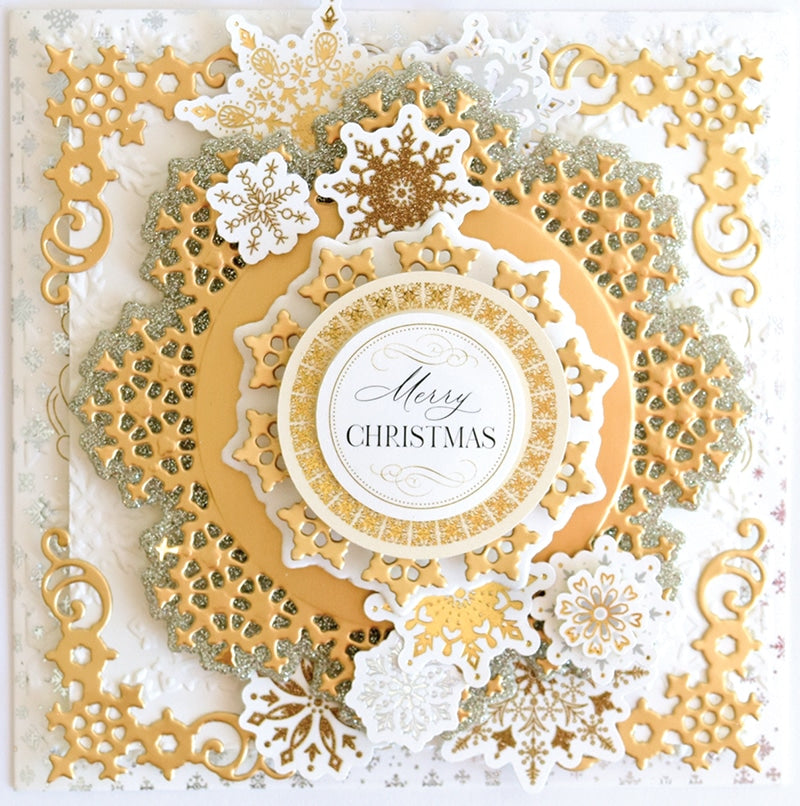 a close up of a christmas card with snowflakes.