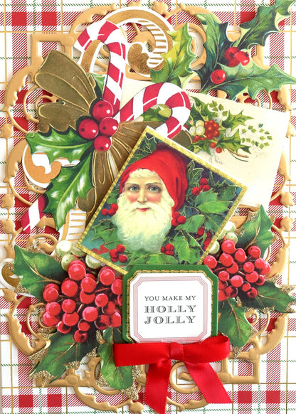 a christmas card with a santa clause and holly.