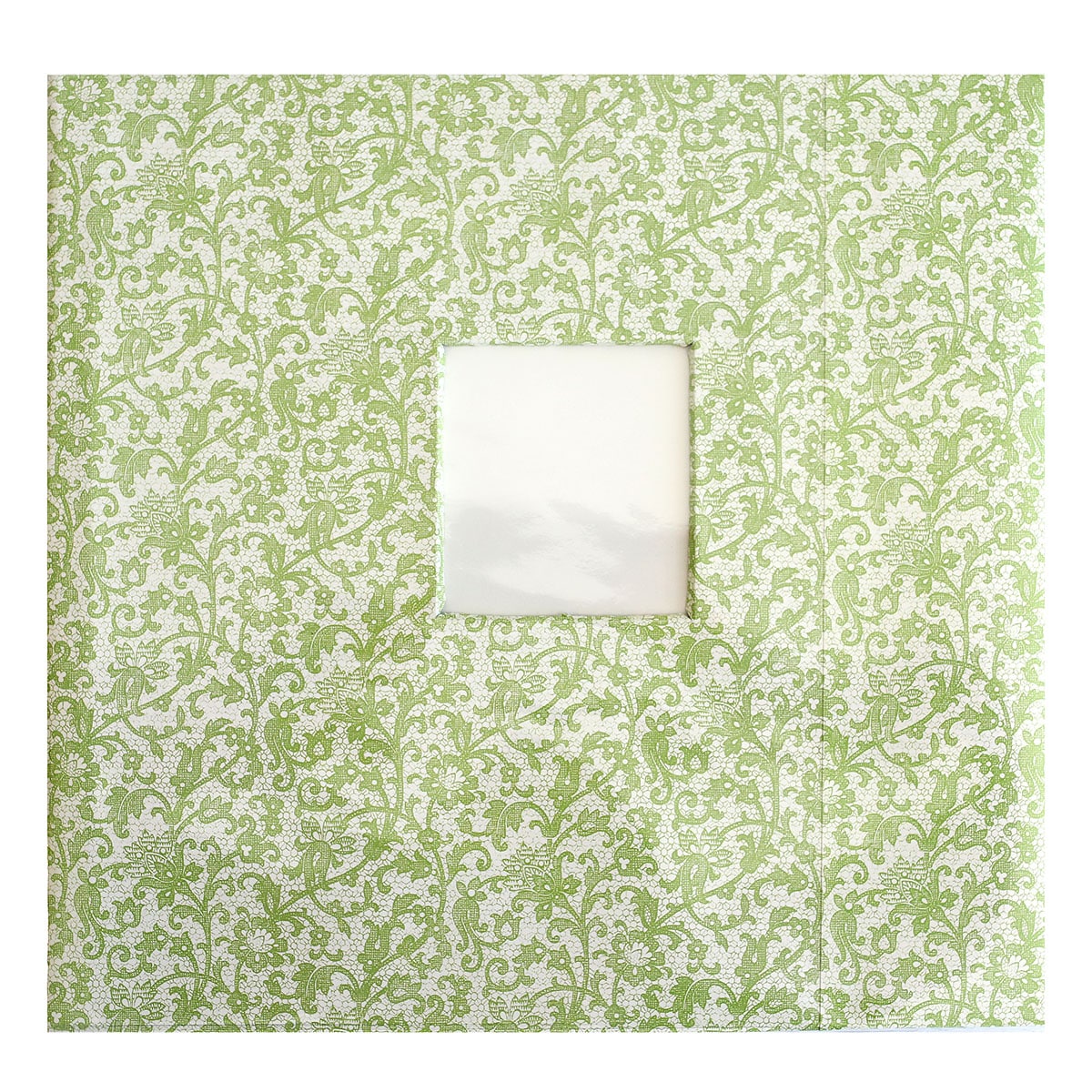 a green and white wallpaper with a square hole in the middle.