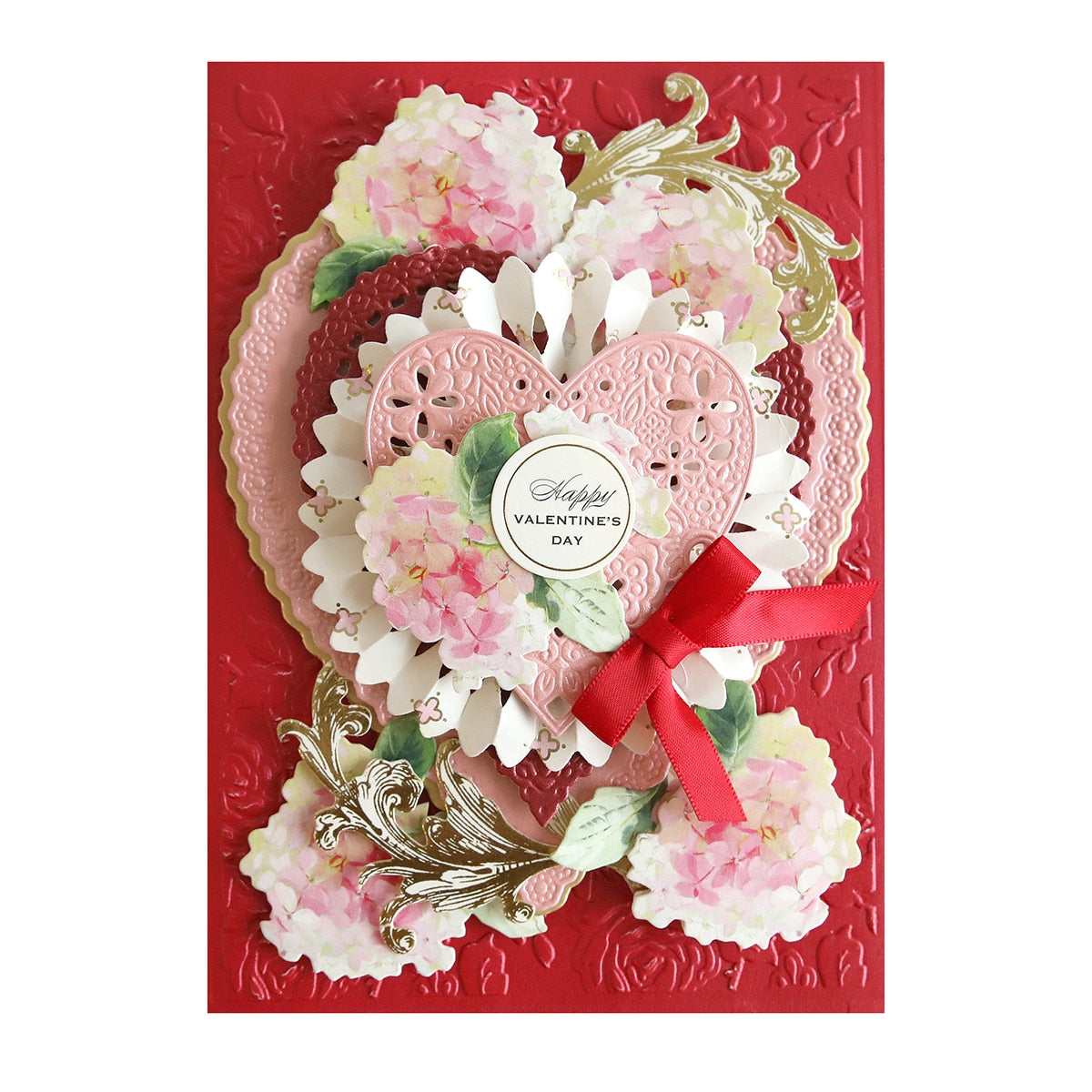 a heart shaped card with flowers and a ribbon.