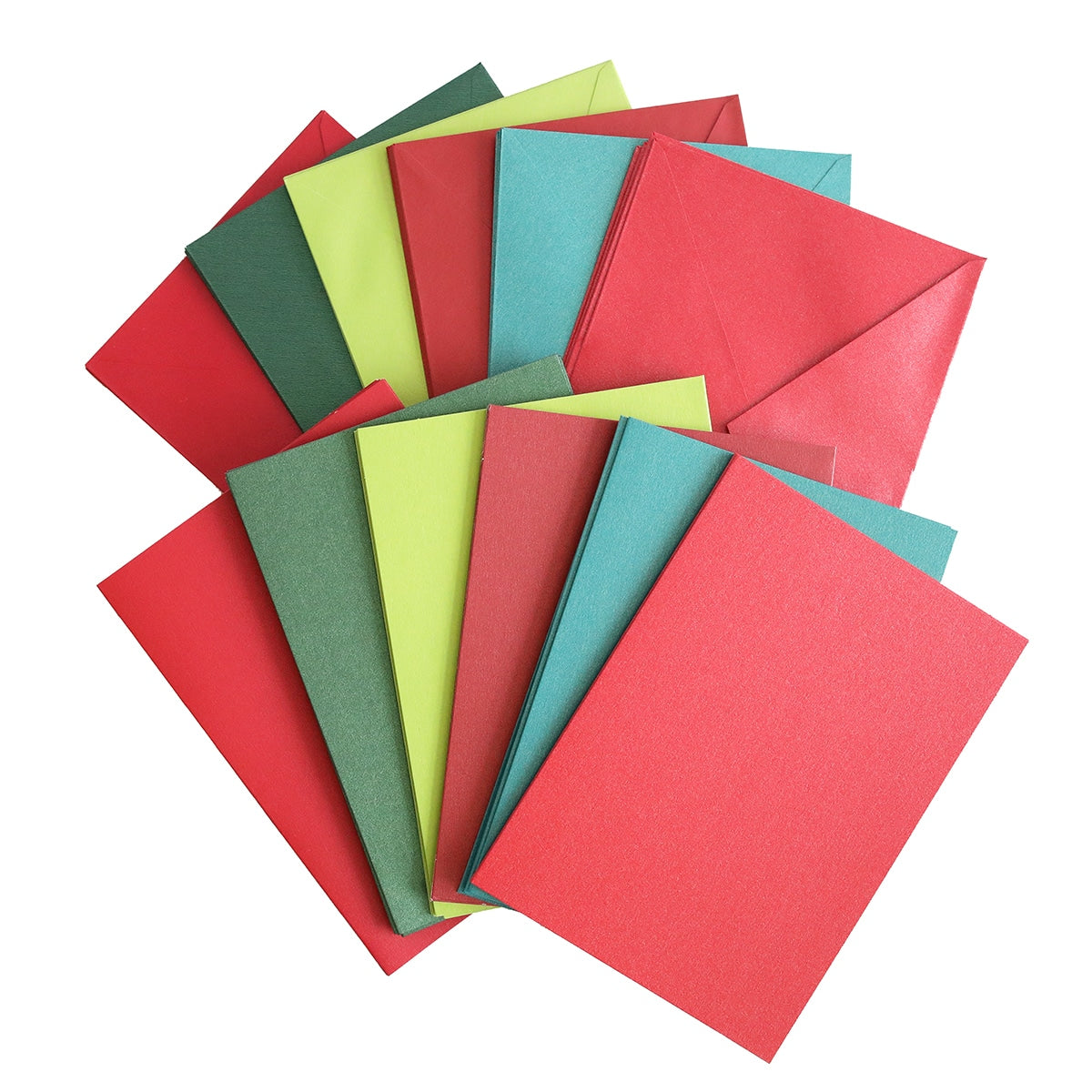 a stack of Shimmer Red Green Cards and Envelopes.