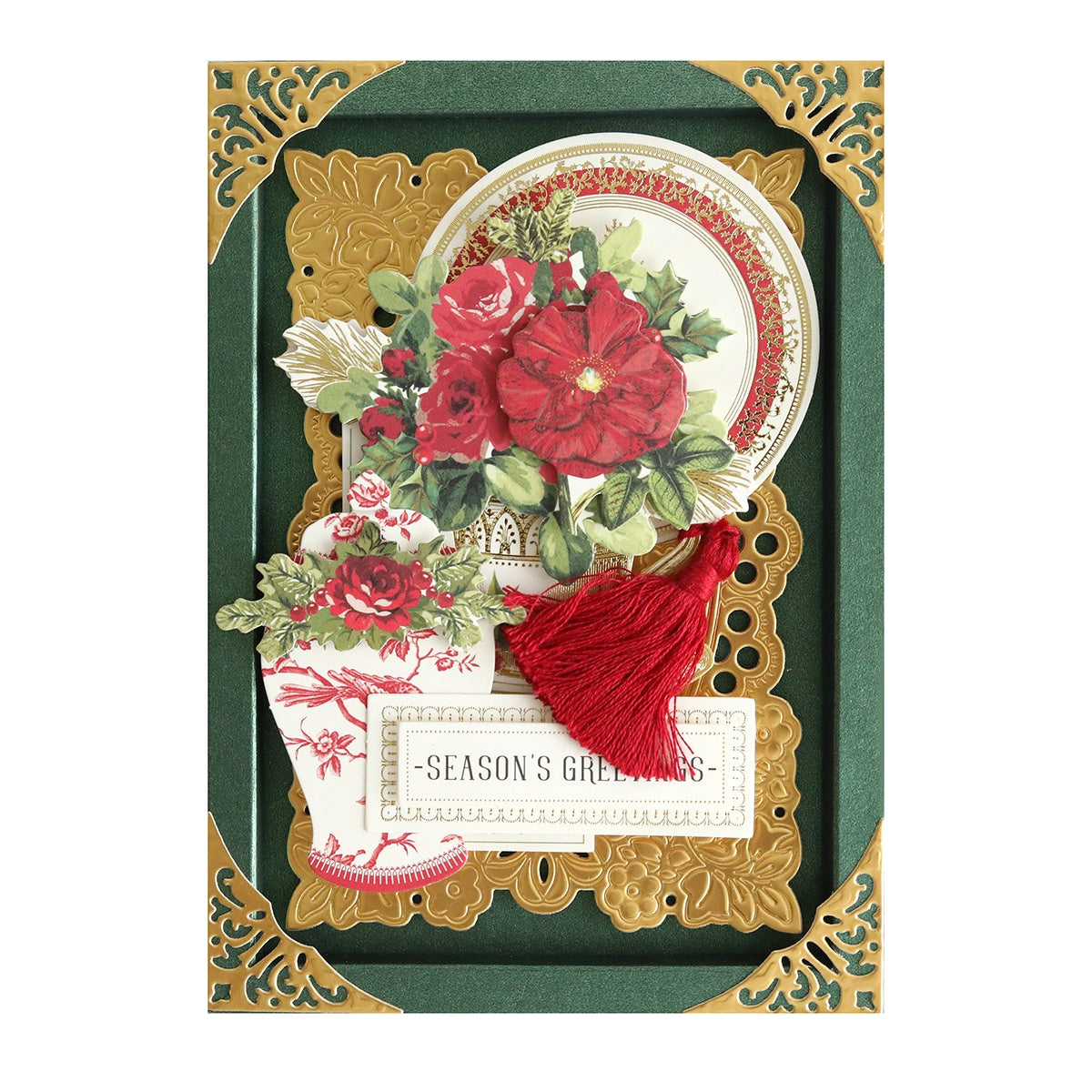Shimmer Red Green Cards and Envelopes with red flowers and a tassel.
