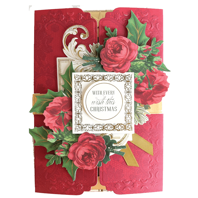 a christmas card with red roses on it.