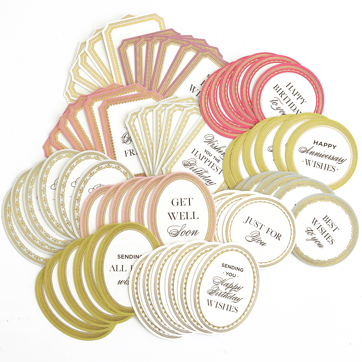 a bunch of tags that are sitting on a table.