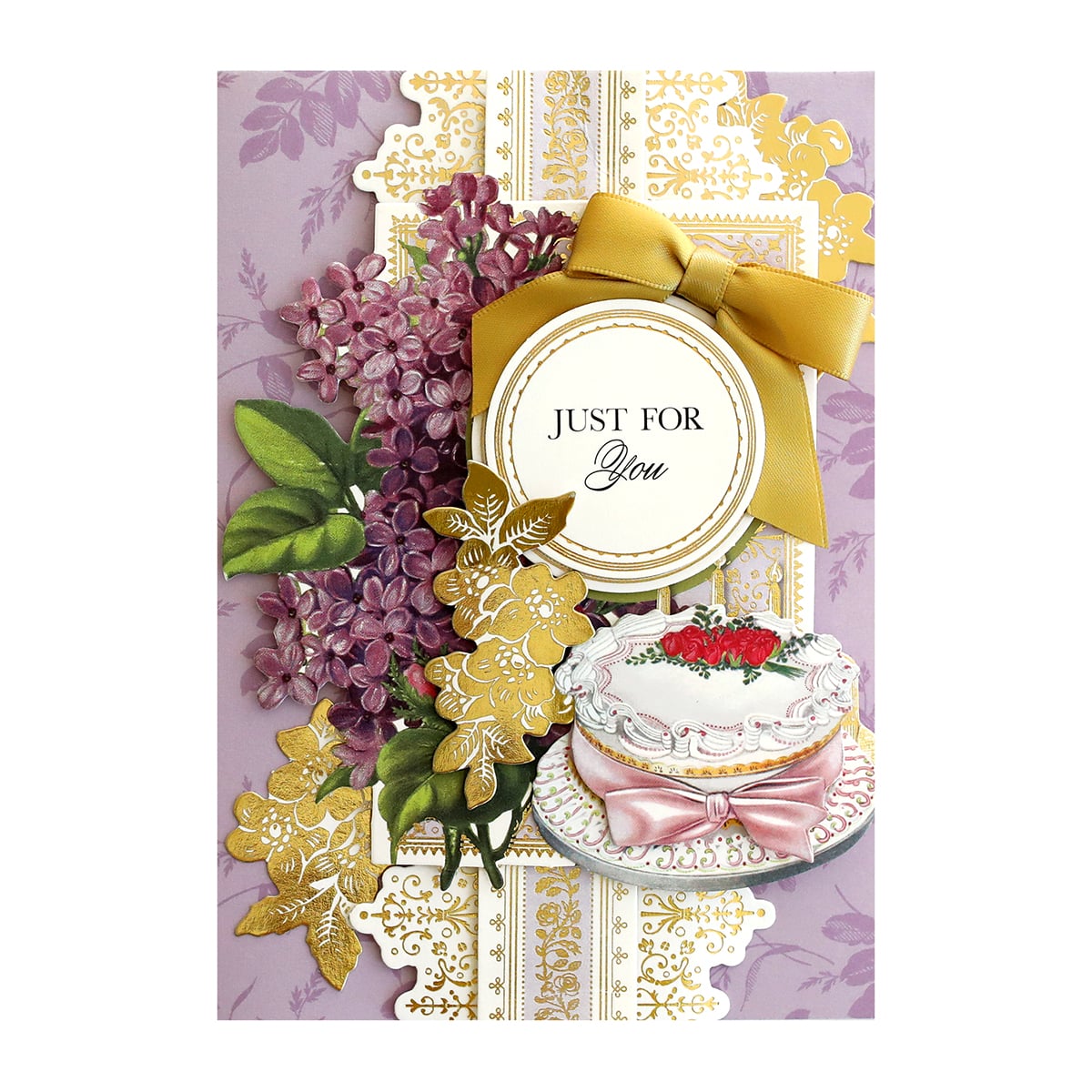 a card with a cake and flowers on it.