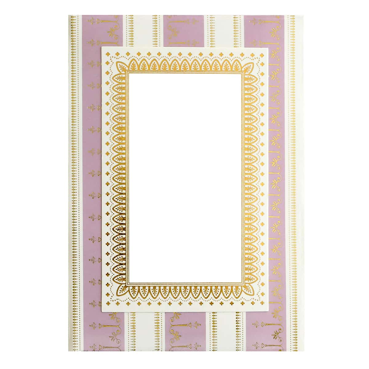 a picture frame with a gold border on a pink and white striped background.