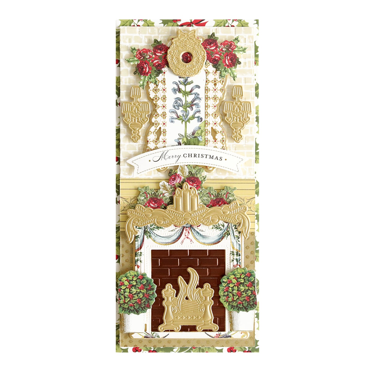 a christmas card with a Slimline 3D Mantel and Fireplace Dies and decorations.
