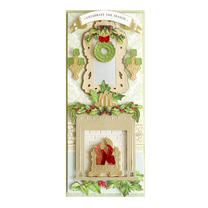 a christmas card with Slimline 3D Mantel and Fireplace Dies and decorations.