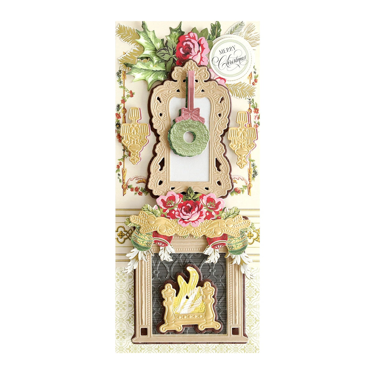 a card with a Slimline 3D Mantel and Fireplace Dies and ornaments on it.