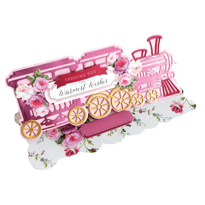 a card with a pink train on it.